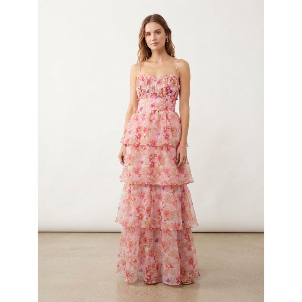 ASTR the Label Pink Coral Floral Tiered Ruffle Maxi Dress XS